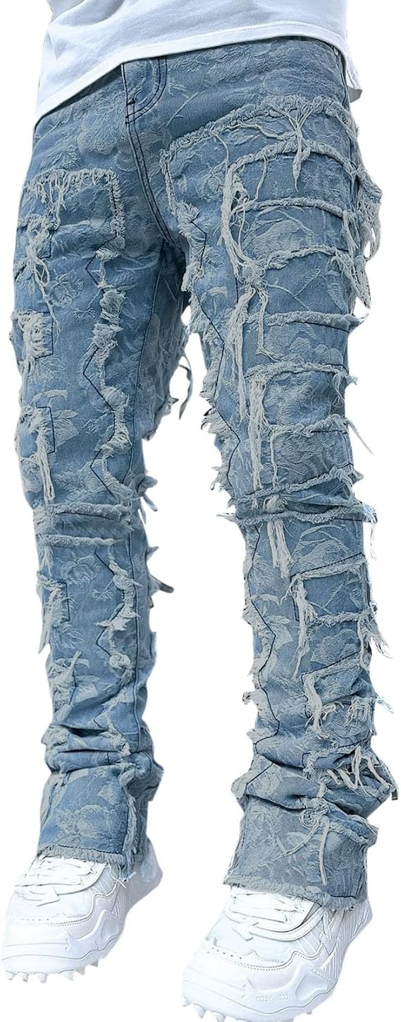 Patch Jeans Ripped Straight Jeans Trousers Slim Skinny Jeans Men's Patchwork Distressed Washed Vintage Loose Punk Denim Trousers Hip Hop Jeans Fashion Skateboard Jeans Trousers