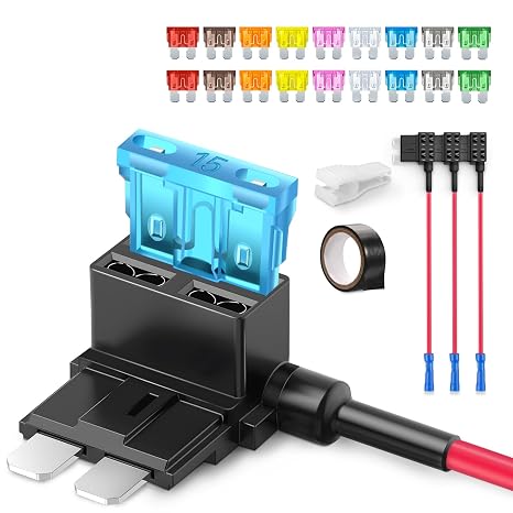 JOREST Standard Car Fuse Tap - 4pcs 16AWG Piggy Back Blade Adapter with 14Pcs Standard Automotive Fuses (2A-30A), Add a Circuit 12V Holder + Electrical Tape + Puller