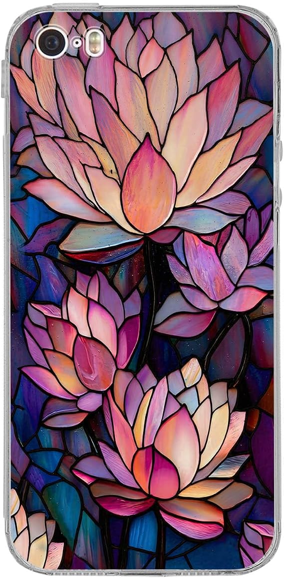 PrintiFy iPhone 5 SE ile Uyumlu Vitray Sessiz Lotus Tasarımlı Şeffaf Silikon Kılıf