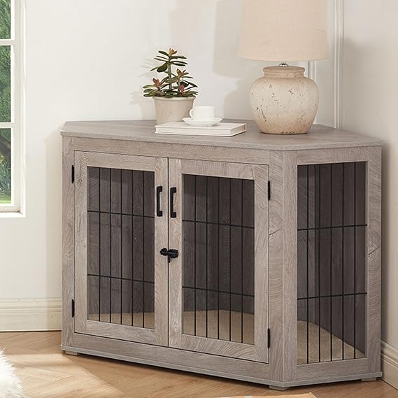 Corner Dog Crate Furniture,Wooden Dog Kennel Furniture End Table with Mesh,2 doors, Decorative Pet Crate Indoor Use