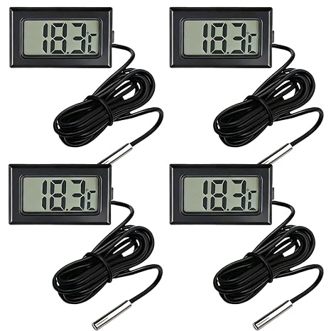 4 Pack Digital Thermometer with Waterproof Probe, Fridge Freezer Thermometer -50°C to 110°C, LCD Fridge Thermometer Digital Display for Refrigerator, Aquarium, Water and Soil Monitoring