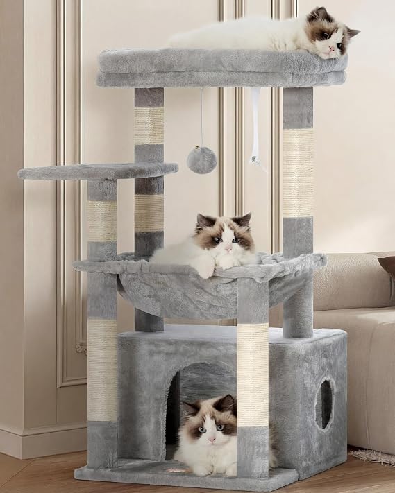 Heybly Cat Scratching Tree, Extra Large Soft Basket Tree, Spacious Bed & Hidden Sleeping Place, Light Gray HCT008SW