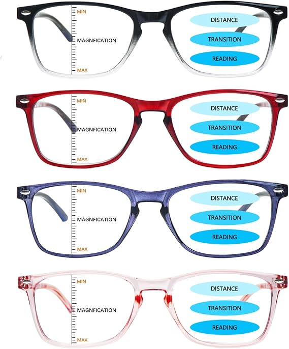 3 Pack Progressive Multifocal Reading Glasses Women Men, Blue Light Blocking Computer Readers with Spring Hinges