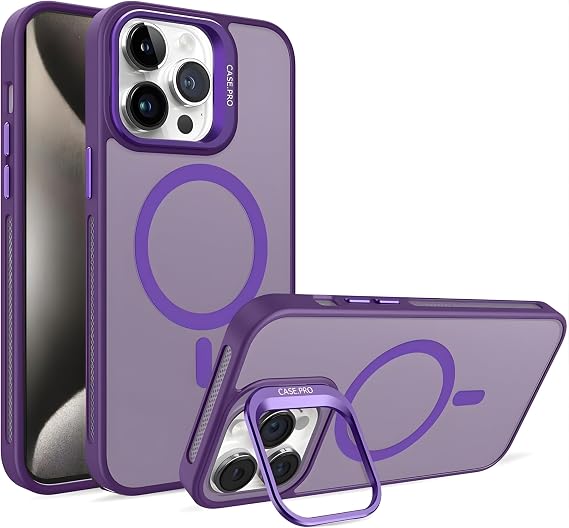 Ehr. iPhone 14 Pro Max ile Uyumlu Magsafe Wireless Şarj Özellikli Kamera Standlı Lüks Mat Silikon Kılıf [Lens Koruyucu Hediyeli] (Mor, iPhone 14 Pro Max)