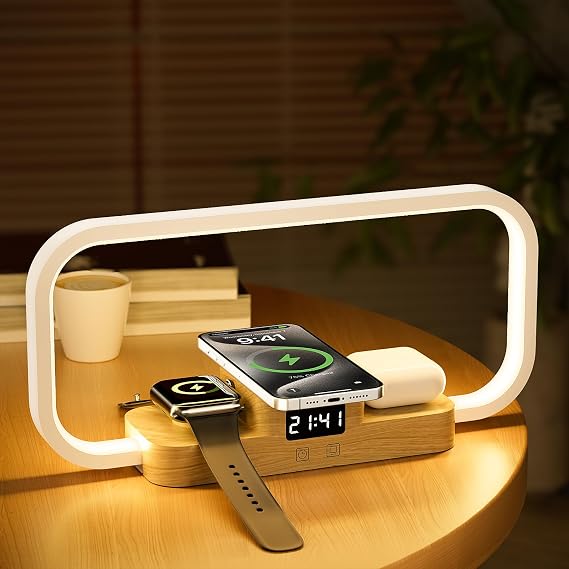 Bedside Lamp with Wireless Charger & USB Port Charger, Bedroom Lamp with Clock, Desk Lamp for Nightstand,Touch Lamps for Bedroom, 5 Color Dimmable Control [Energy Class E]