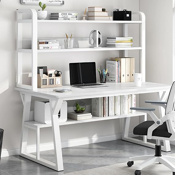 Computer Desk with Hutch and Bookshelf, Space Saving Writing Study Table with Open Storage Shelves, Modern Simple Wood Table Metal Frame Workstation Desk for Home Office Desk(100cm/39inch, B)