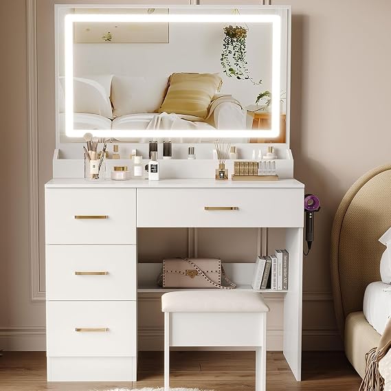 Dressing Table with Mirror and Stool: Vanity Desk with Mirror and Chair