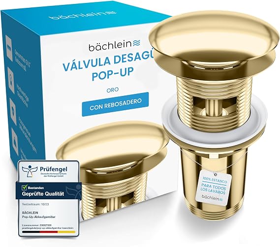 Bächlein Universal Drain with Overflow for Washbasin & Sink - Automatic Gold Pop Up Valve - Includes 3 Seals for All Types of Washbasins, Drain Valve - Installation with Instructions