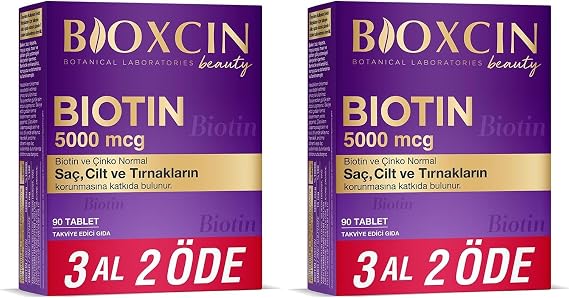 Bioxcin Biotin 5000 mcg | Saç ve Tırnak Sağlığı İçin Biotin + Çinko | Yorgunluk ve Enerji Metabolizması Desteği | 90 Tablet | Şeker ve Gluten İçermez (2 paketi)