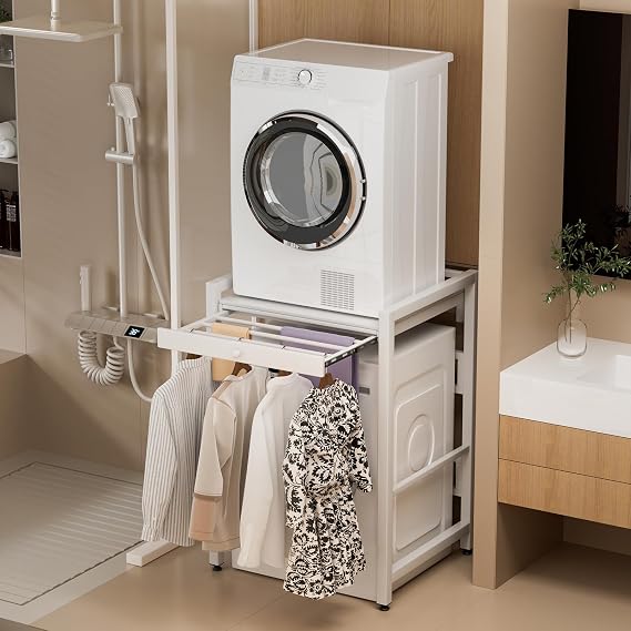 Washer Dryer Stand Stacking Kit, Tumble Dryer Stacking Kit with Sliding Shelf Countertop, Space Saving, 200KG Load Capacity, Washing Machine Storage Unit for Laundry Room (White) [Energy Class A]