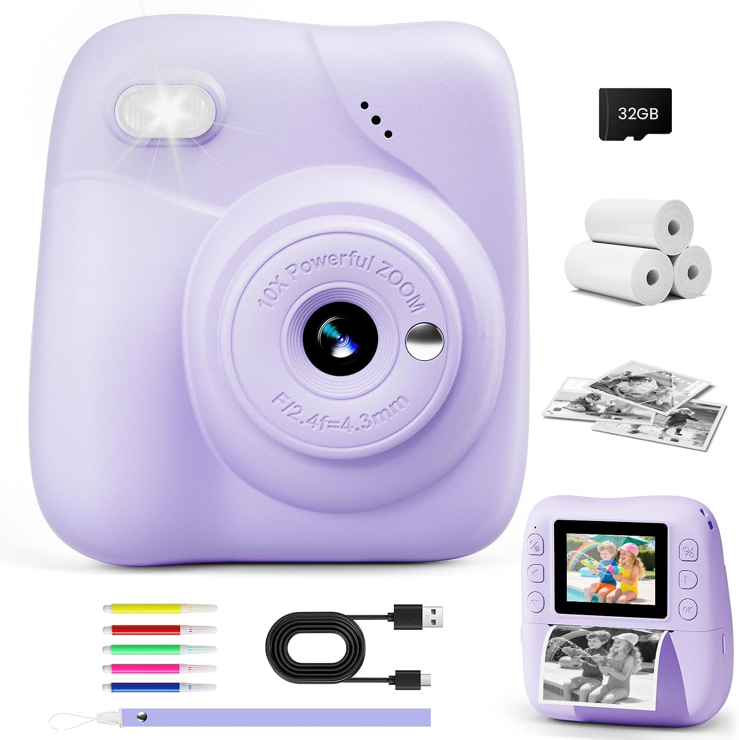 CAMCLID Children's Camera Instant Camera 1080P Instant Camera Children with 32GB Card & 3 Rolls of Printing Paper 48MP Digital Camera Children's Camera Gift for Boys and Girls 3-12 Years (Purple)