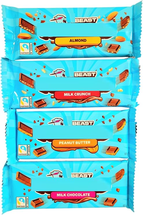 Beast Chocolate Bar Mix Bundle - x1 Milk Chocolate, x1 Almond Milk Chocolate, x1 Milk Crunch, x1 Peanut Butter - 4 x 60g Bars | BY INTERGALACTIC SWEETS