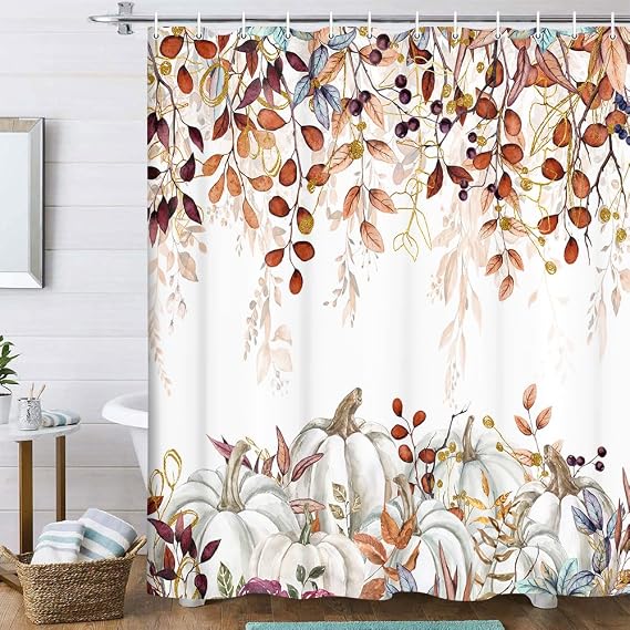 Fall Pumpkin Shower Curtain, Watercolor Autumn Thanksgiving Pumpkins Eucalyptus Leaves Shower Curtains Set with Hooks, Orange Waterproof FabricBathroom Decor Home Accessories,60X 70 Inch