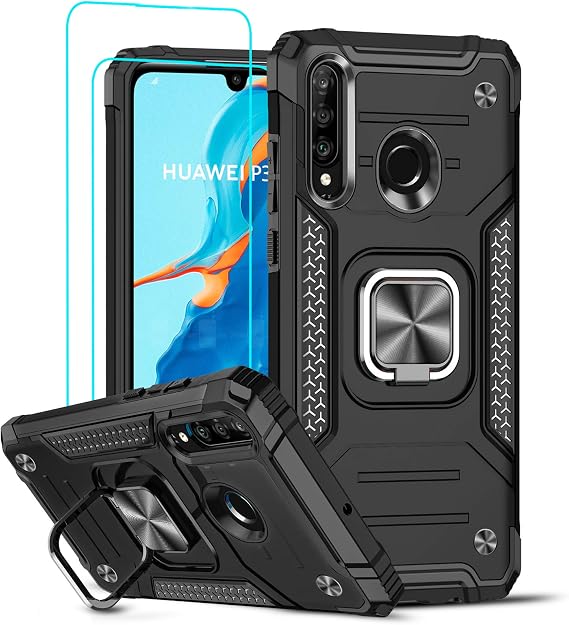 LeYi for Huawei P30 Lite/P30 Lite New Edition Case and Tempered Glass Screen Protector [2 Pack],Cover with Ring Holder Shockproof Protective Silicone Bumper Armour Hard Phone Case for P30 Lite Black