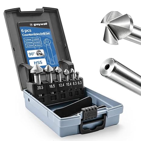 6 pcs Countersink Drill Set, 3-Flute 90 Degree HSS Chamfer Tool Drill Bit, Deburring Chamfer Drill Bit for Metal, Wood, Aluminum, Stainless Steel (6.3/8.3/10.4/12.4/16.5/20.5mm)