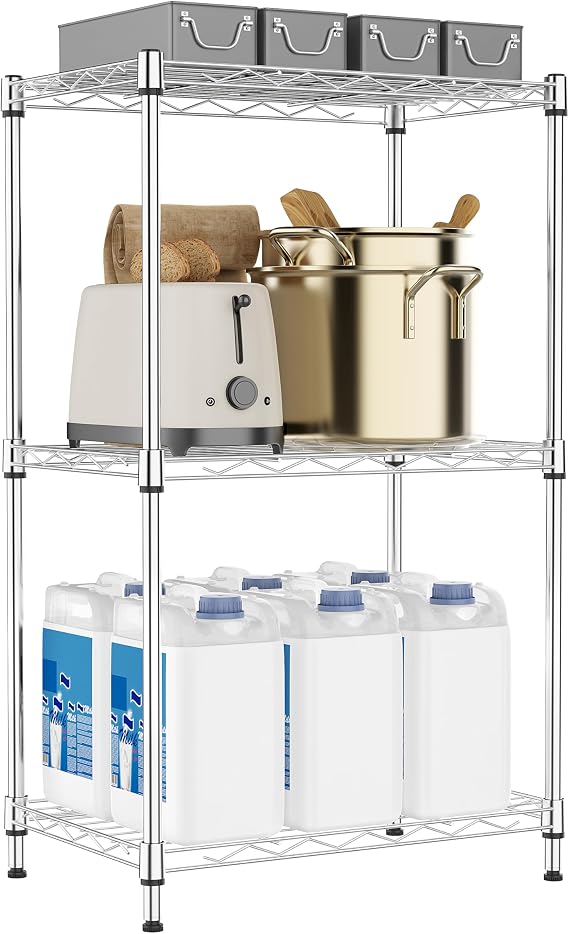 M MZG Shelf 3 Tier Sturdy Metal Narrow Storage Shelves Storage Unit with Adjustable Leveling Feet Pantry Laundry Kitchen Garage Chrome 30 x 45 x 73.2cm