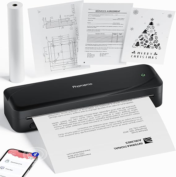 Phomemo A4 Portable Printer Wireless for Travel, Bluetooth Thermal Printer Inkless Printer Compatible with iOS, Android, Laptop for Office, Travel, Home, Study, Black