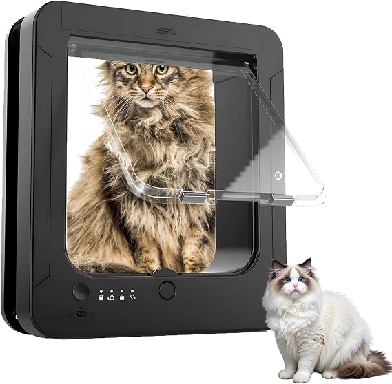 Microchip Cat Flap, Automatic Pet Door 11.5"x10" with Collar Sensor, 4 Way Locking, Remote Control, Weatherproof for Cats & Small Dogs black