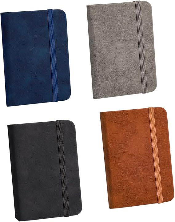 4 Pcs Small Pocket Notebook Set, A7 Notebooks 11 x 8 cm, PU Leather, Elastic Closure, Ideal for School, Business Meetings