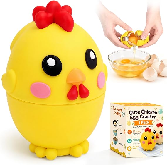 Egg Cracker Tool for Raw Eggs, Cute Chicken Silicone Egg Shell Opener, Egg Breaker Tool with Stainless Steel Cutter, Less Mess Egg Opener Kitchen Gadget for Breakfast Baking Meal Prep - Yellow