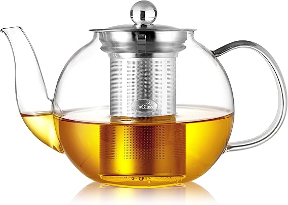 CNGLASS 600ml/20.3oz Glass Teapot with Removable Infuser,Clear Tea Kettle Stovetop Safe,Blooming and Loose Leaf Tea Maker