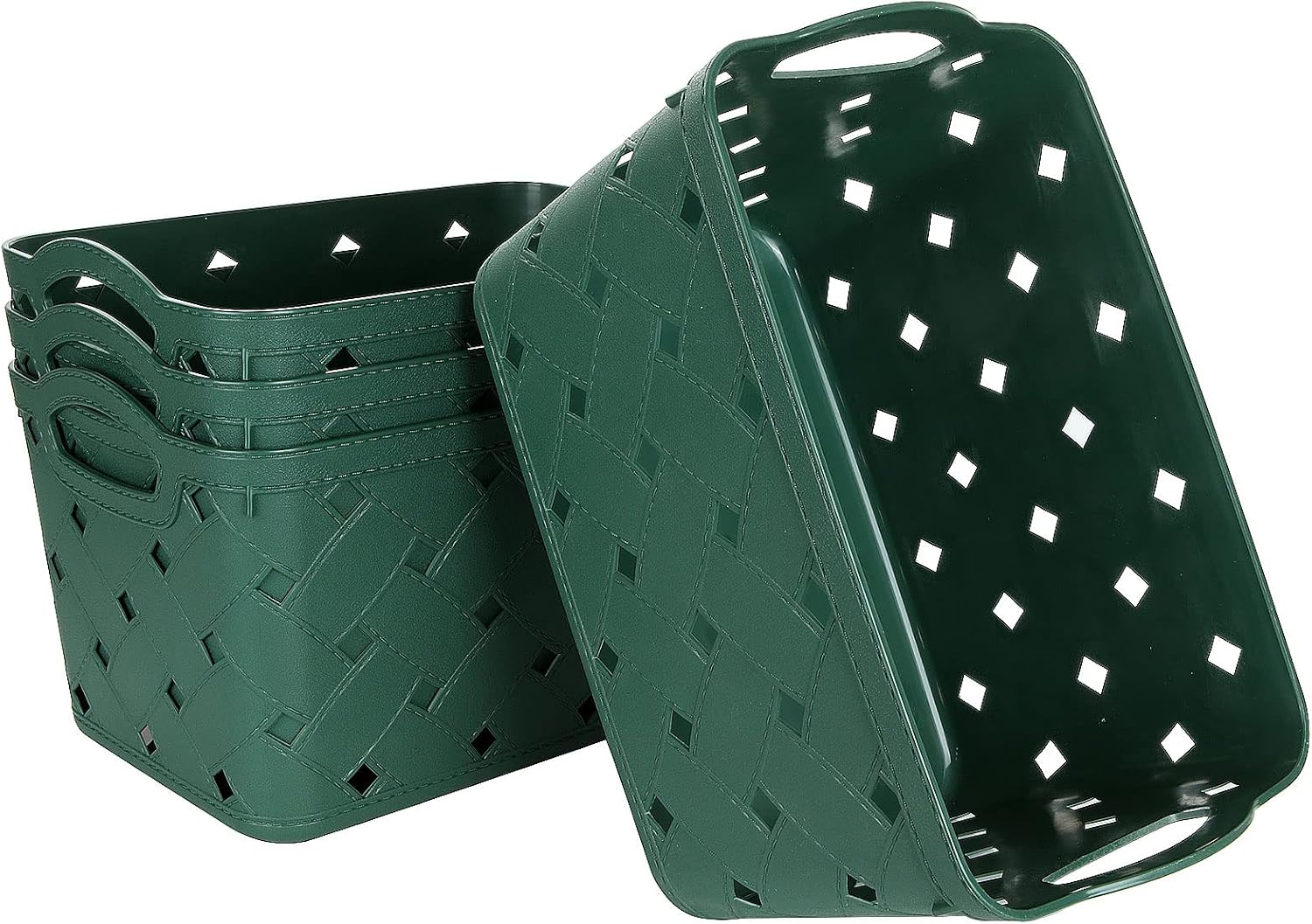 Aselected Plastic Woven Storage Basket With Handles,Beautiful Fashionable, Skin Pattern Cross Woven, For Kitchen, Living Room, Office, Bathroom, Bedroom