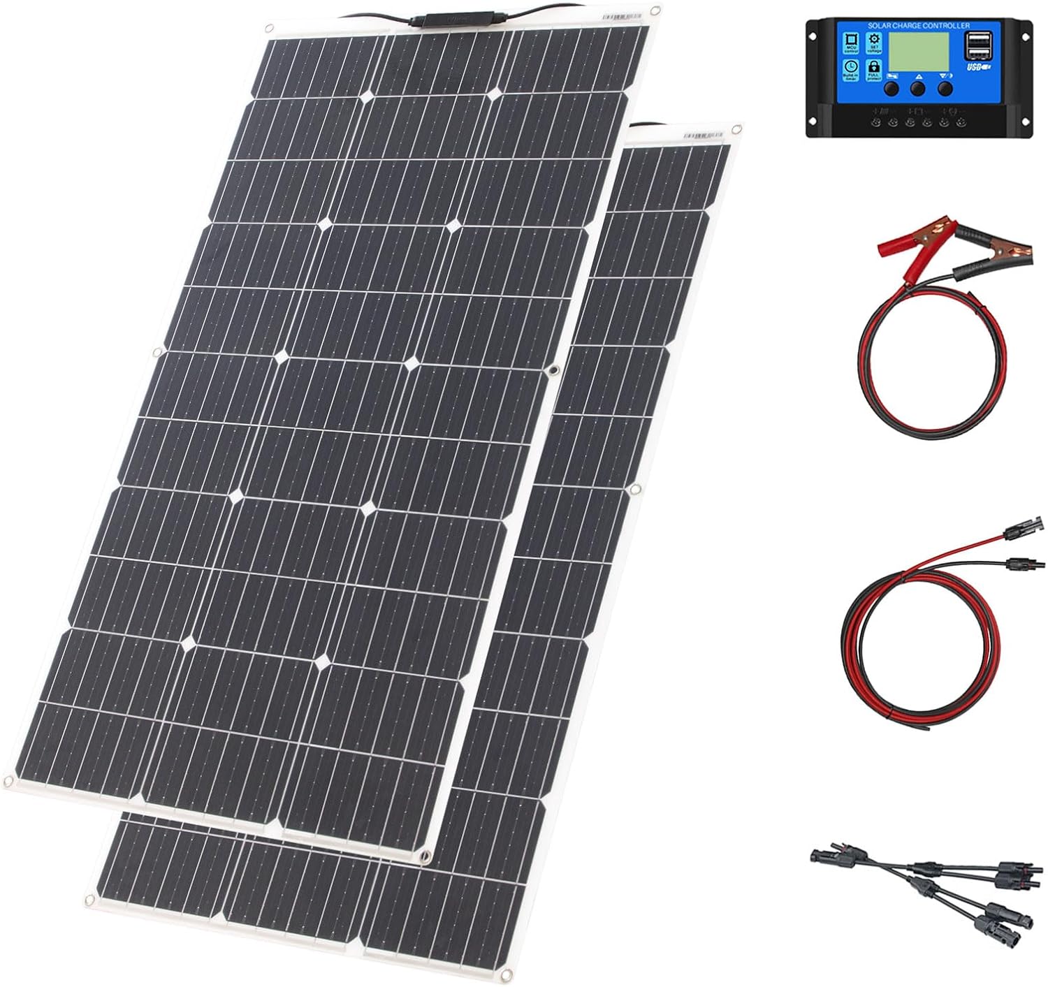 Solar Panel Kit Flexible Monocrystalline Solar Panel Module 200W 20A 12V/24V Solar Charge Controller Solar Cable for Yacht,Boat,Off-Grid System,Camping,Balcony,Solar System,RV