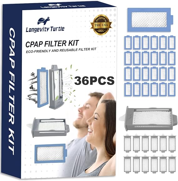36-Piece CPAP Filter Kit Compatible with Philips Respironics DreamStation 2 machines, replacement includes 12 reusable pollen filters and 24 disposable fine filters