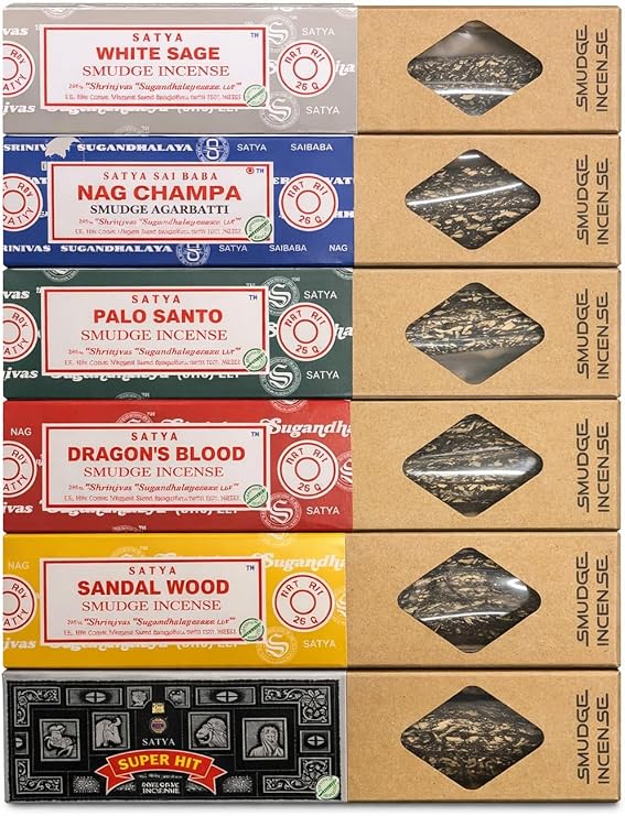 Satya Smudge Incense Sticks Assorted Set 6 Pack 25g Each with JRose Wooden Incense Holder Thick Hand Rolled Masala Incense White Sage Nag Champa Palo Santo Dragon’s Blood Sandalwood Super Hit
