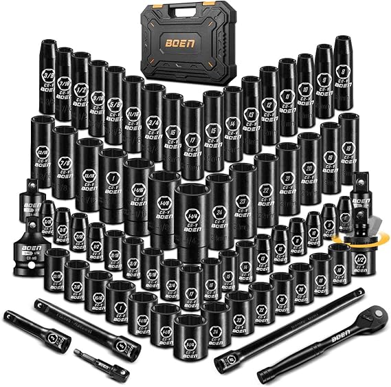 1/2" Drive Impact Socket Set, 72 Piece Standard SAE (5/16"-1-1/4") & Metric (8-24 mm), Deep & Shallow Kit | Includes Ratchet Handle & Adapters | 3 ", 5", 10" Extension Bar