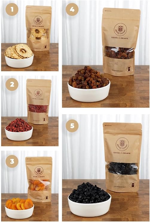 Antep Pazarı Şekersiz Kuru Meyve Paketi, 5'li Set, Blueberry, Goji Berry, İzmir Üzümü, Ananas, Kayısı