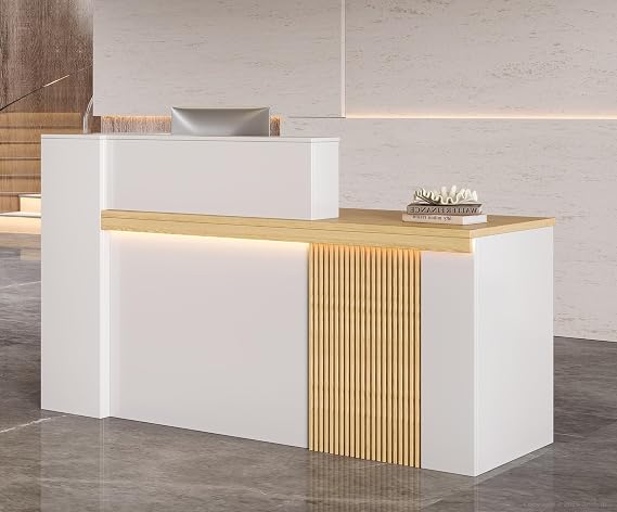 71" L-Shaped Reception Desk with Keyboard Tray & LED Lights – Modern Commercial Front Counter with Lockable Drawer, Storage Shelves & Cable Grommet for Office, Salon, Clinic (White & Maple, Right)
