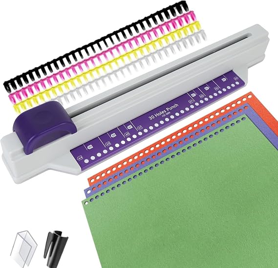 30 Hole Punch, Hand Push 30 Holes Punch Binding Machine with 4 Loose Leaf Binding Spines, 6 Sheets Capacity Hole Puncher for Rin g Bin der, Punches Holes on A4/A5/A6/A7/B5/B6/B7