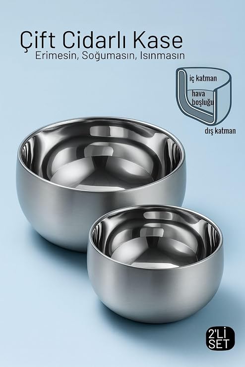 Transformacion Çift Cidarlı Isı Yalıtımlı 2'Li Lüks Kase Seti (16Cm & 18Cm) Premium 304 Paslanmaz Çelik, 722019