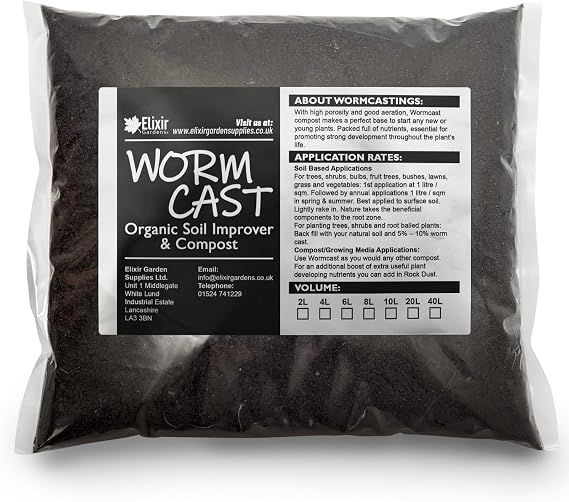 Elixir Gardens | 100% Organic Wormcast | Multi Purpose Compost Nutrient Rich Soil Improver | Various Quantities Available | 2 Litres