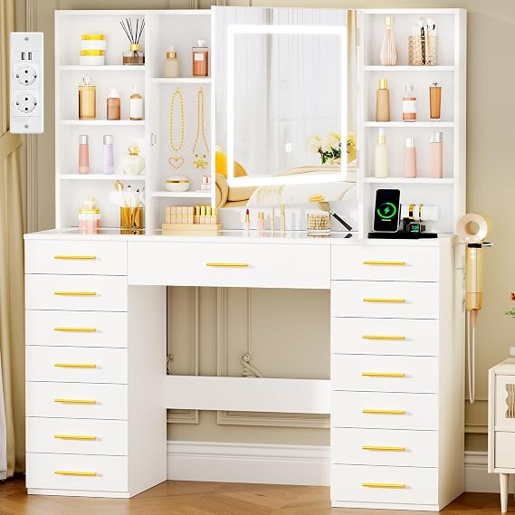 ANWBROAD Large Dressing Table with Mirror and LED Lights, Glass Lid and