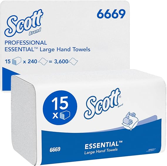 Scott Essential Large Folded Hand Towels 6669 - Multifold Paper Towels - 15 Packs x 240 White Z fold (3,600 Total)