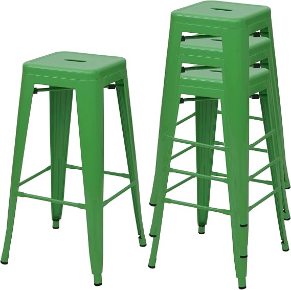 Mendler 4 x Bar Stools HWC-A73 Metal Industrial Design Stackable Green