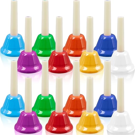 16 Pcs 8 Note Hand Bells, Colourful Metal Hand Bell Set, 13 x 7.5 cm