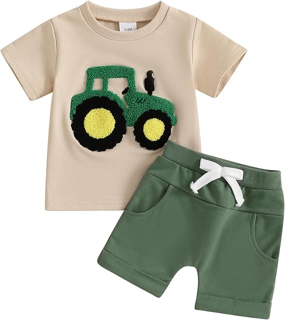 Baby Boy Summer Clothes Tractor Embroidery Short Sleeve Crop Shirt Tops Drawstring Shorts Set Infant Toddler Boy 2pcs Truck Outfits