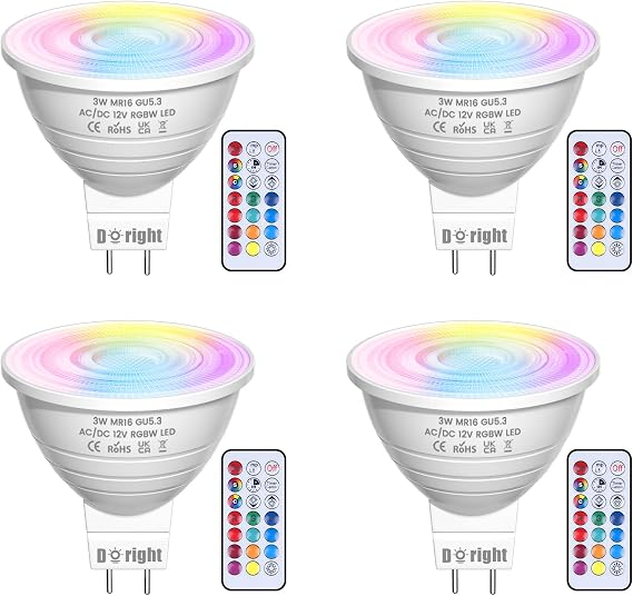 DoRight MR16 GU5.3 LED Bulbs RGB 3W AC/DC 12V Dimmable Colour Changing MR16 LED Floodlight with Remote Control, 16 Color Choice with Memory & Timing Function, RGB + Warm White 3000K for Decor [Energy Class F]