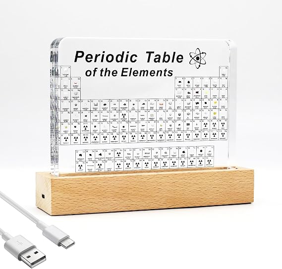 Periodic Table with 83 Real Elements, Acrylic, USB LED Light Base