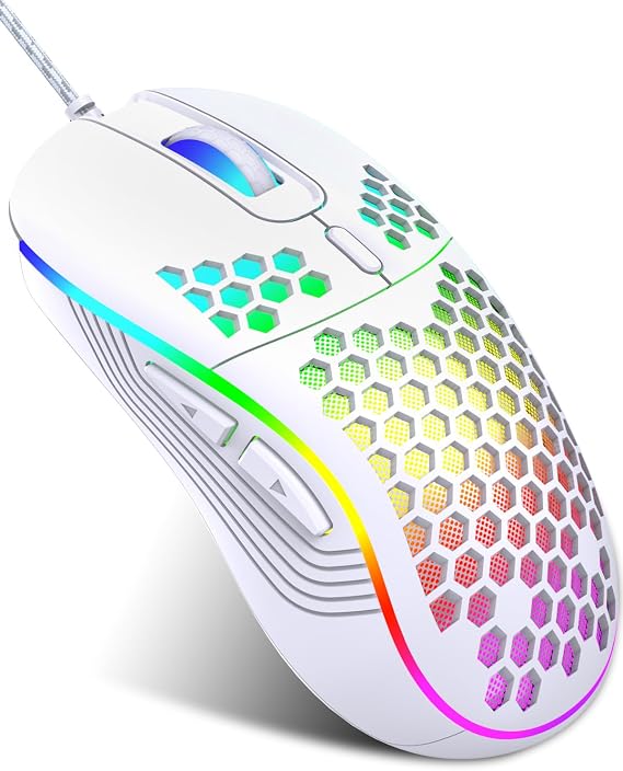 JYCSTE Wired Gaming Mouse RGB Backlight and 7200 Adjustable DPI Ergonomic and Lightweight USB Computer Mouse with High Precision Sensor for Windows PC & Laptop Gamers (White)
