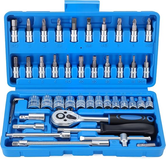 46PCS Socket Wrench Set, Ratchet Socket Set, Metric Drive Socket Wrench Ratchet Tools Kit, Screwdriver Bits Auto Vehicle Repair Tool 1/4 Inch (Blue)