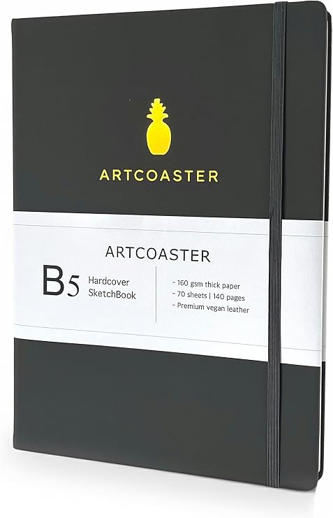 B5 Grey Sketchbook, Lay-flat, Hardcover, 140 Pages (70 sheets), Acid-Free, Premium Vegan Leather, 26.4 x 19.3 cm, Perforated pages, 160 GSM Thick paper (Cream paper)