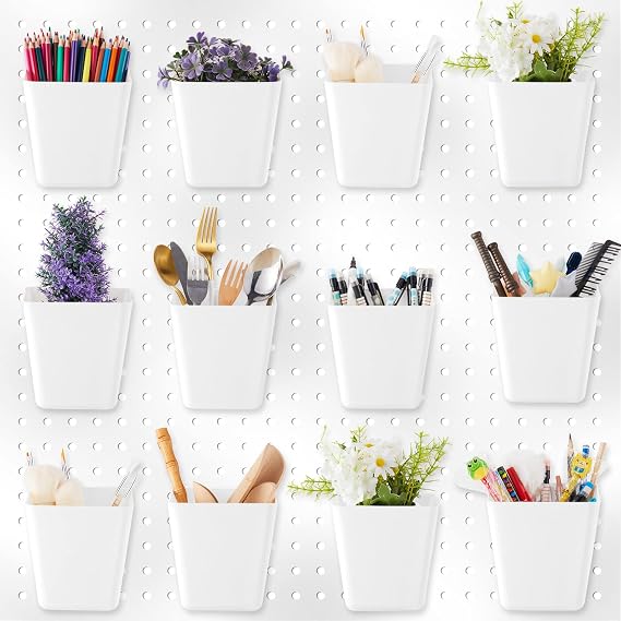 Tessco 12 Sets Pegboard Cups with Pegboard Hooks Loops Large Pegboard Bins White Pegboard Wall Organizer Peg Board Containers Square Box Shape Pegboard Cup Holder for Garage Office Workshop Workbench