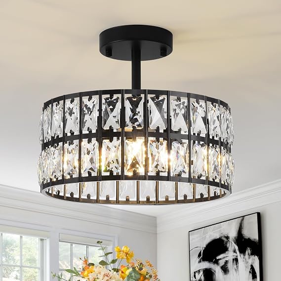 Black Crystal Ceiling Light Modern Black Chandelier Small Crystal Semi Flush Mount Ceiling Light Round Ceiling Pendant Light Fixture for Kitchen Island Foyer Hallway G9x4-Light D30CM [Energy Class F]