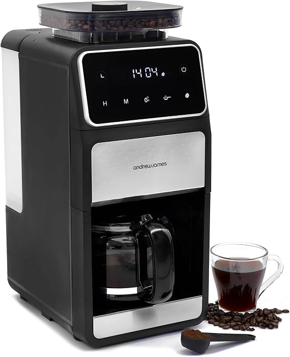 andrew james Drip Filter Coffee Machine with Built in Grinder, Bean to Cup Coffee Maker with Programmable Keep Warm Function, Easy to Use Filter Coffee Maker Machine Ideal for Home or Office (1.5L)