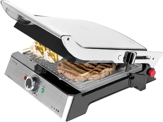 Cecotec Rock'n Grill Pro – Electric Grill, Rockstone Coating, Removable and Reversible Plates, 180° Opening, Wide Surface 2200 W, Stainless Steel