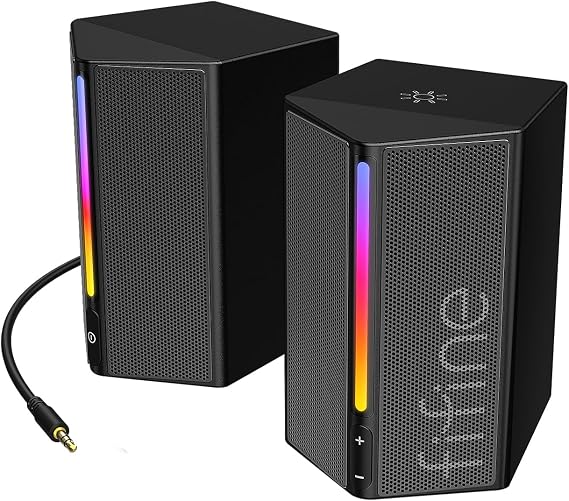 FIFINE Bilgisayar hoparlörü, RGB'li masaüstü bilgisayar hoparlörleri, ses kontrolü, oyun hoparlörleri USB ile çalışan, 3,5 mm Aux ses kablosuyla çalışır, dizüstü bilgisayar monitörü, telefon